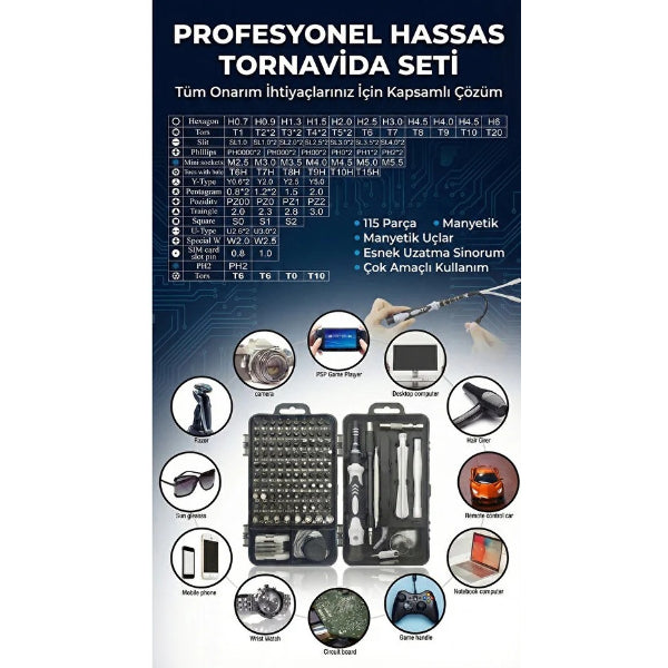 115 Parça Manyetik Uçlu Hassas Tornavida Seti