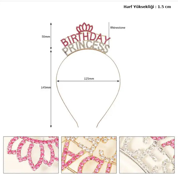 Kristal Taşlı Birthday Princess Yazılı Parti Tacı Pembe Renk