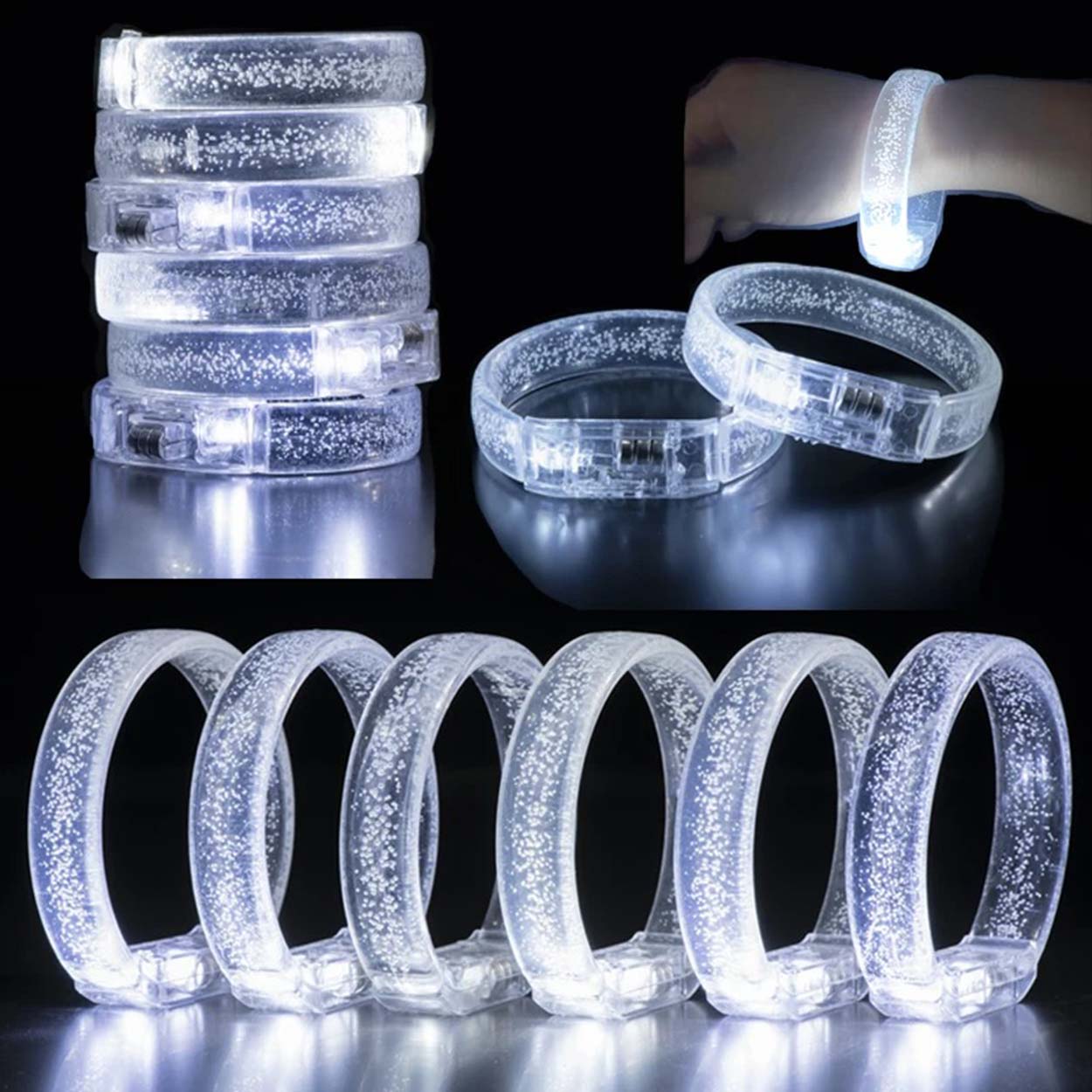 Beyaz-Gümüş Led Işıklı Baskı Yapılabilen Pilli Bileklik Bilezik