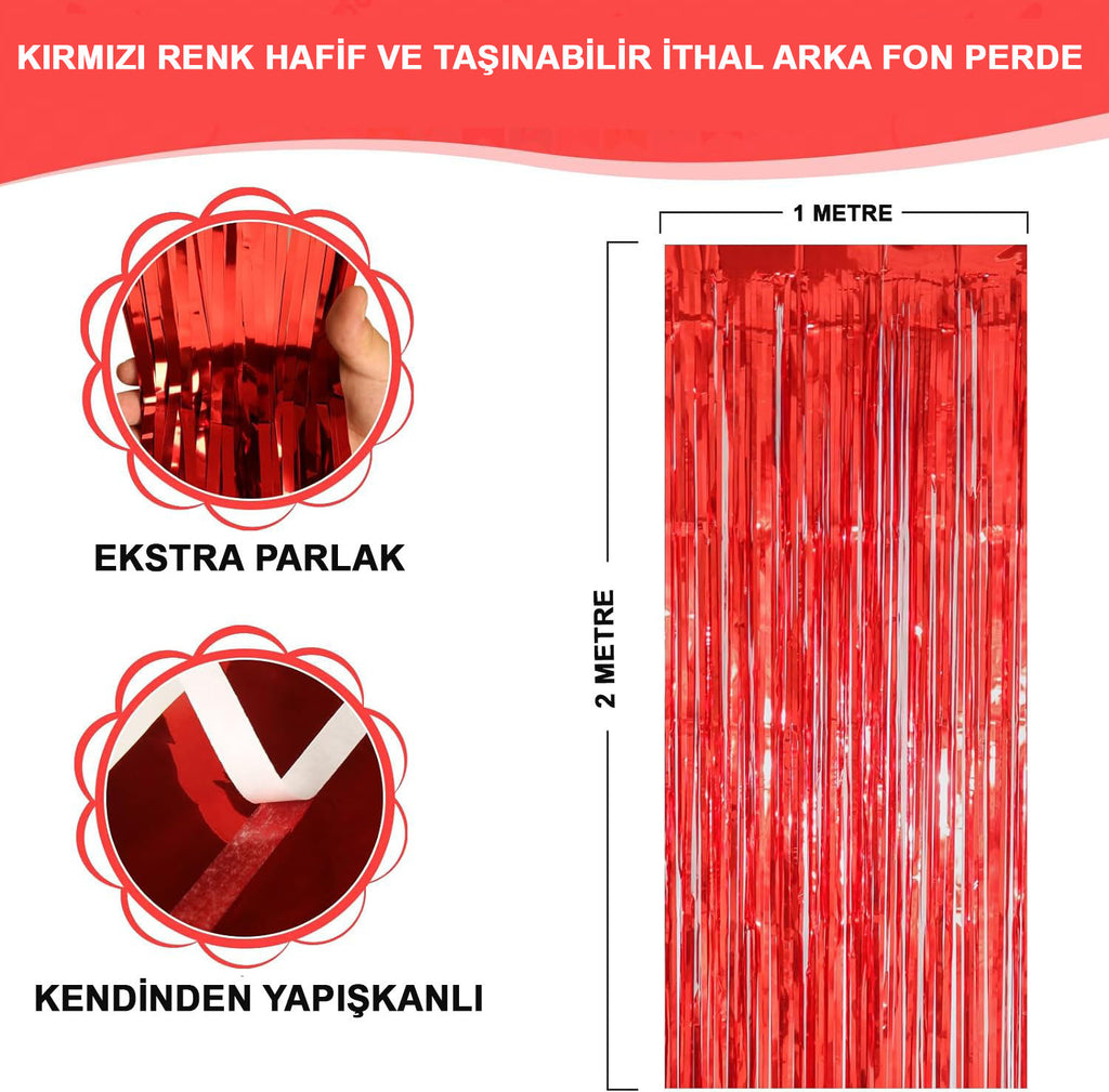 Ekstra Metalize Parlak Saçaklı Arka Fon Perde Kırmızı