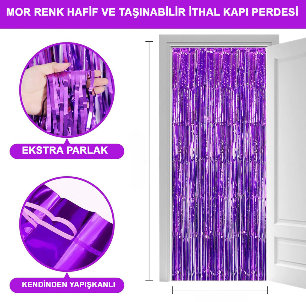 Ekstra Metalize Saçaklı Arka Fon Perde Mor