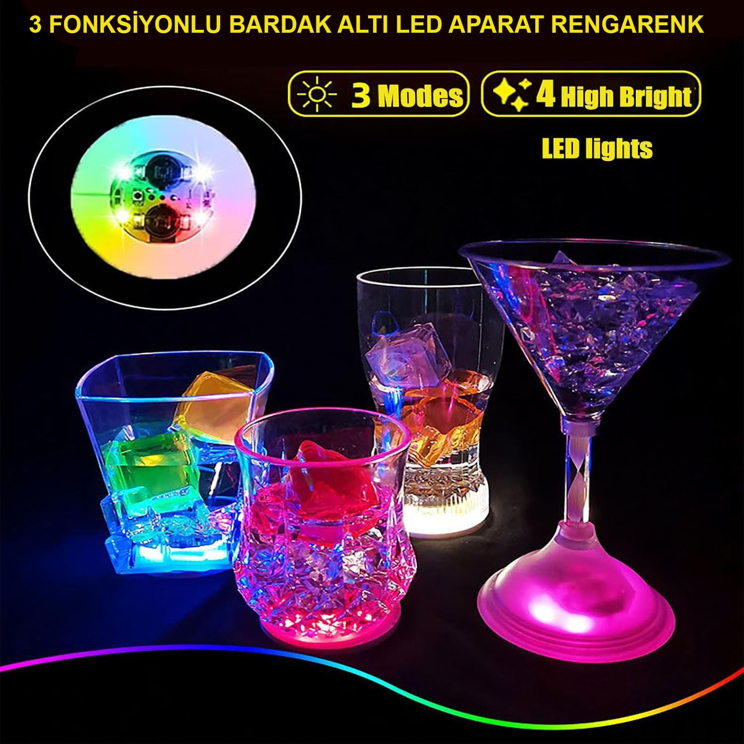 Renkli LED Işıklı Bardak Altlığı - 12 Adet, Pilli