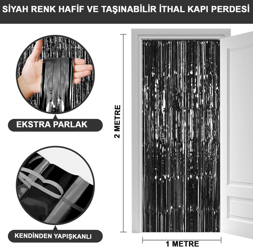 Ekstra Metalize Parlak Saçaklı Arka Fon Perde Siyah