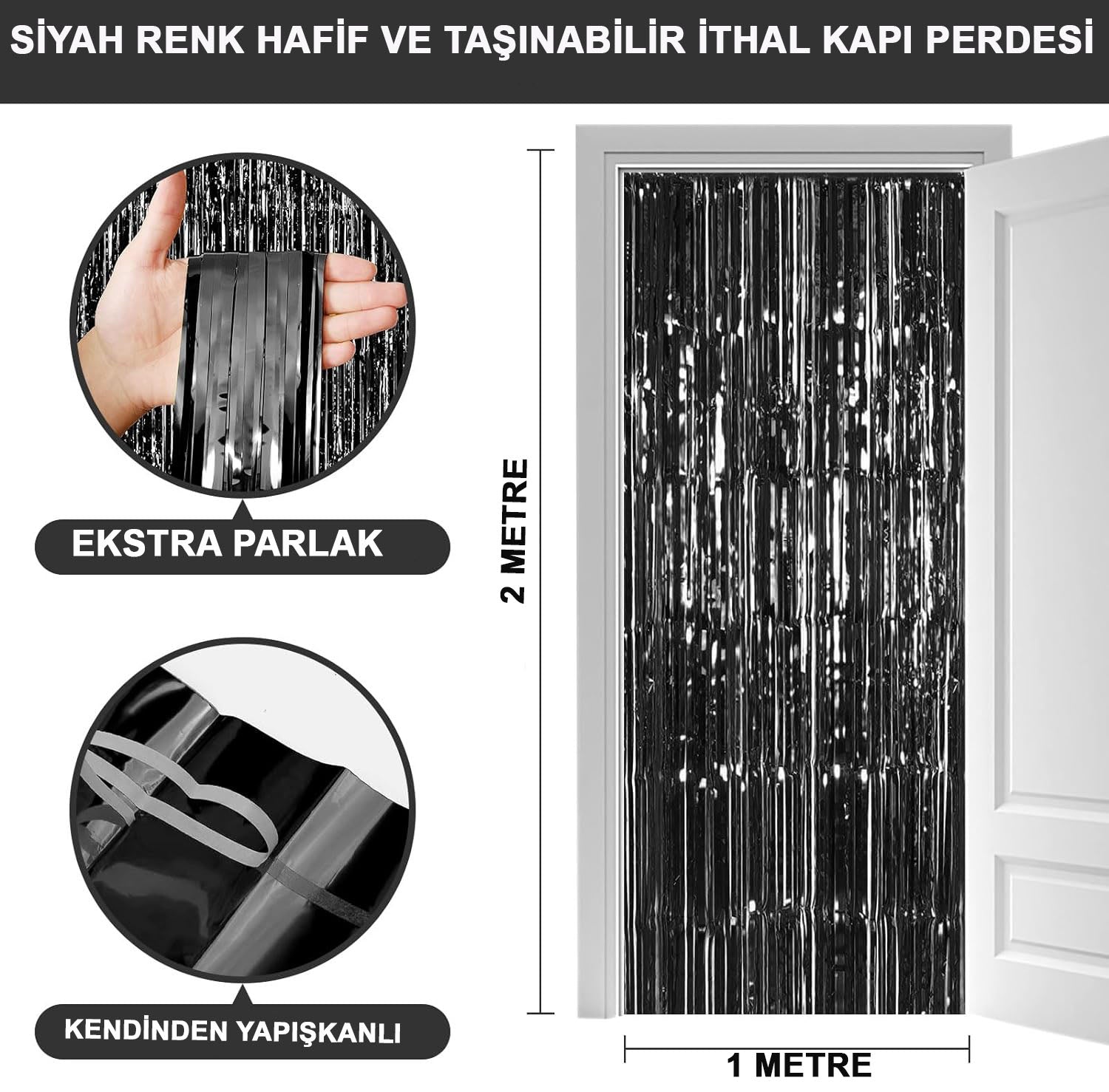 Ekstra Metalize Parlak Saçaklı Arka Fon Perde Siyah